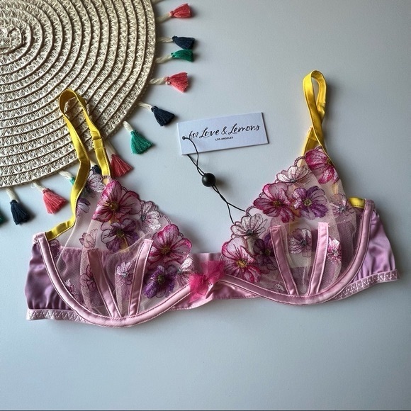 For Love And Lemons Falling Floral Embroidery Bra Pink Large NEW - Picture 3 of 7